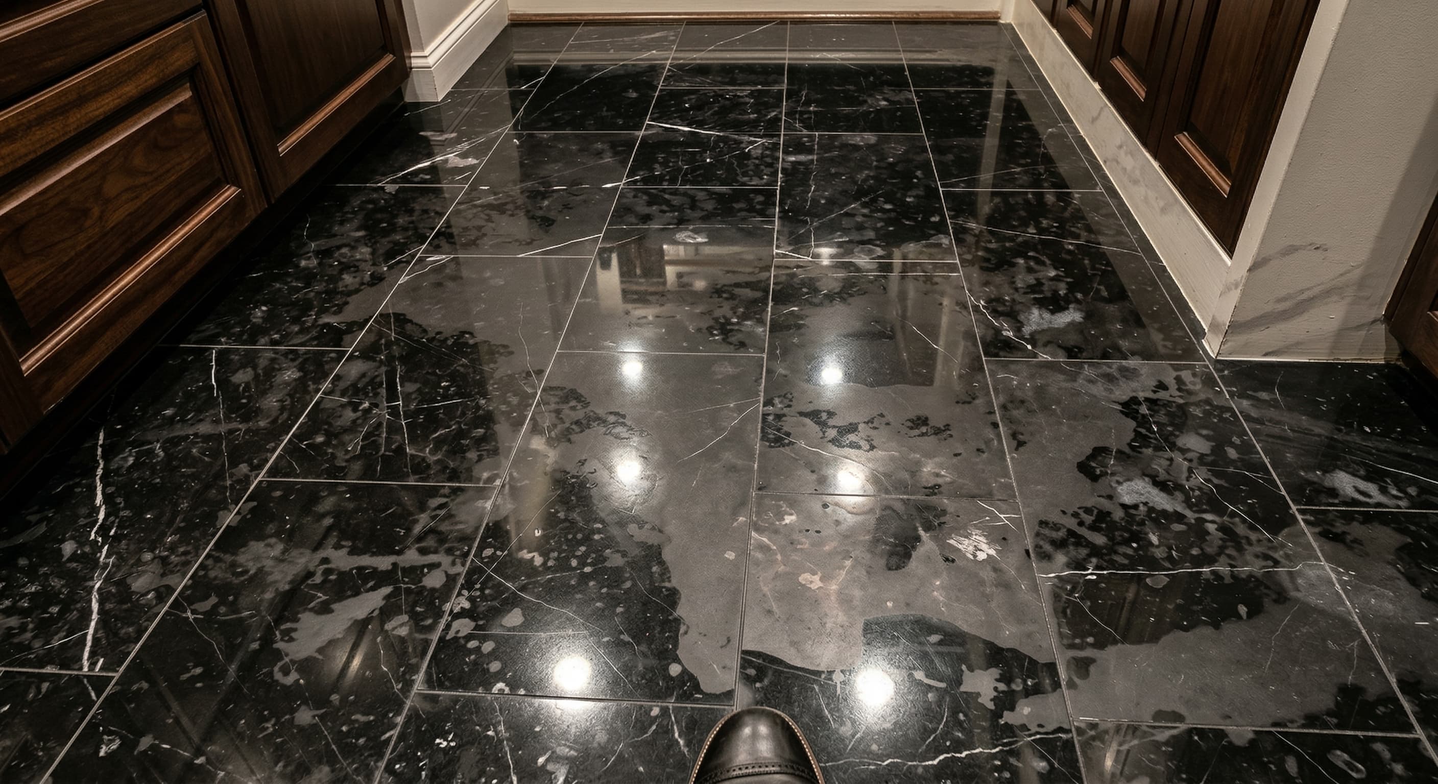 Before: Black Marble Floor Polishing