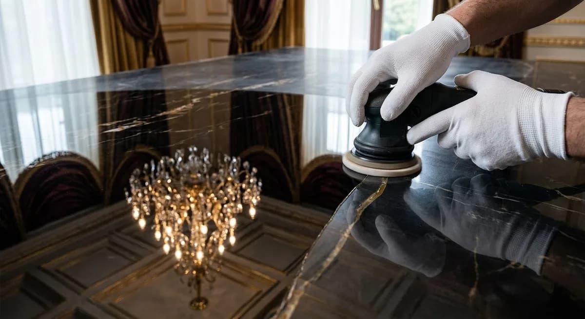 Professional stone polishing on luxury marble surface